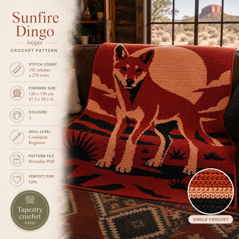 May include: A crochet blanket featuring a dingo standing against a large sun, rendered in shades of red, orange, and black. The text reads Sunfire Dingo Crochet Pattern, with a stitch count of 192 stitches by 270 rows and a finished size of 47.2 by 59.1 inches.