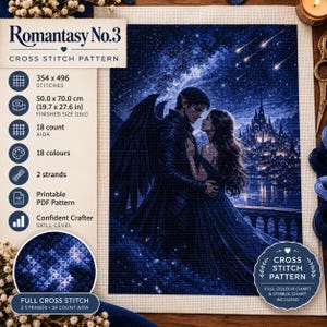 Puede incluir: Patrón de punto de cruz Romantasy No.3 con una pareja bajo un cielo estrellado y un castillo. El tamaño final es de 50,0 x 70,0 cm en tela Aida de 18 count. El diseño utiliza 18 colores y 2 hebras de hilo para 354 x 496 puntadas.