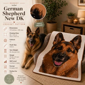 May include: A crochet pattern for a German Shepherd dog. The finished size is 33.5 x 49.2 inches. The pattern includes 12 colors and uses a 4.0mm hook. The text says "Bring your favorite breed to life, one stitch at a time."