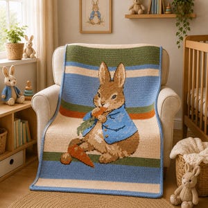 May include: A crocheted blanket with a Peter Rabbit design, holding a carrot, in a nursery setting. The blanket has blue, green, and beige stripes. A framed picture of Peter Rabbit is on the wall. The blanket is draped over a cream armchair.