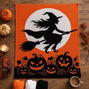 Patrón de manta de ganchillo de bruja de Halloween, manta afgana de luna espeluznante (descarga en PDF)