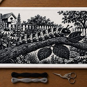 Può includere: Un ricamo a punto croce in bianco e nero su tessuto bianco montato in una cornice di legno, raffigurante un bruco su un ramo d'albero in un giardino con una casetta per uccelli, accompagnato da due matassine di filo e forbici in metallo.