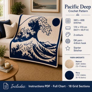 May include: A navy blue and cream crochet blanket featuring a wave design, inspired by the artwork "The Great Wave off Kanagawa." The blanket is draped over a sofa. The pattern is called "Pacific Deep Crochet Pattern."