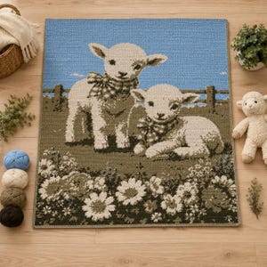 May include: A rectangular crochet blanket featuring a scene of two white lambs with checkered neck ribbons standing and sitting in a field of white flowers. The background shows a brown fence against a light blue sky, rendered in yarn.