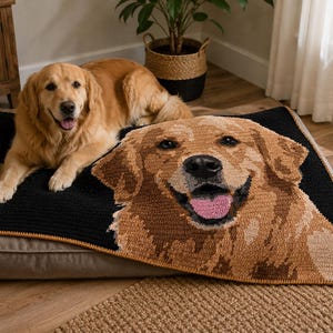 May include: A Golden Retriever dog lies on a dog bed with a black blanket featuring a smiling Golden Retriever face. The blanket has a brown border. The dog bed is gray and has a brown border. A houseplant is in the background.