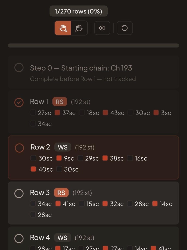 May include: A digital crochet pattern tracker interface displaying rows 1 through 4. Each row lists stitch counts and color-coded segments, such as Row 1 with 192 stitches, Row 2 with 30sc, 9sc, 29sc, 38sc, 16sc, 40sc, 30sc, and Row 3 with 34sc, 41sc, 15sc, 32sc, 28sc, 14sc, 28sc.