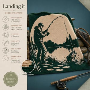 May include: A dark green and cream crochet blanket featuring a graphic of a person fishing with a rod and reel, with a fish jumping out of the water. The text reads Landing it, Crochet Pattern, 192 stitches x 270 rows, 120 x 150 cm, 47.2 x 59.1 in.