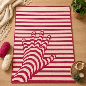 Op de afbeelding: Een rechthoekig gehaakt kleed met een herhalend patroon van horizontale strepen in donker magenta en crème. Het midden van het kleed toont een driedimensionale optische illusie van een hand die omhoog reikt, gecreëerd door vervormde strepen.