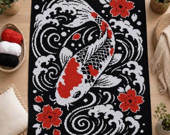 Bold Koi Fish Crochet Blanket Pattern, Japanese Tapestry Graphghan, Zen Home Decor (PDF Download)