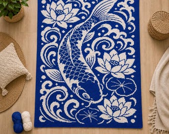 Koi Fish Crochet Blanket Pattern, Japanese Lotus Graphgan Afghan Throw (Digital Download)