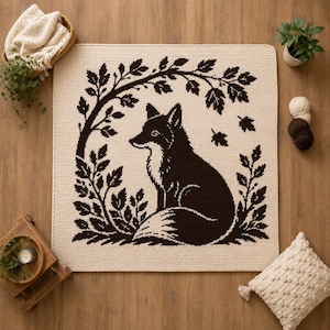 May include: A square crochet blanket featuring a dark brown fox sitting in the center, surrounded by a dark brown leafy branch pattern on a cream-colored background. The design includes detailed foliage framing the fox and scattered leaves.