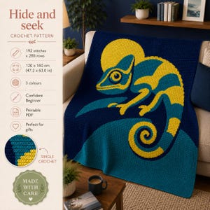 May include: A crochet pattern titled Hide and Seek featuring a chameleon design. The pattern details include 192 stitches by 288 rows, dimensions of 47.2 by 63.0 inches, 3 colors, and a single crochet technique shown in a circular inset image.