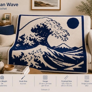 May include: A navy blue and cream-coloured crocheted blanket depicting a large ocean wave, a sun, and a mountain. The blanket is draped over a beige sofa. The text "Ocean Wave SC Crochet" is at the top. Finished size is 120 x 120 cm.