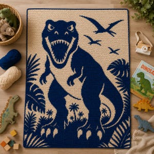 May include: A rectangular crochet blanket featuring a dark blue T-Rex dinosaur design on a cream background. The pattern includes silhouettes of flying pterodactyls and tropical foliage surrounding the central dinosaur figure.