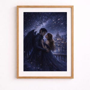 Puede incluir: Una impresión artística enmarcada representa una escena romántica bajo un cielo estrellado. Una pareja se abraza, una figura con alas oscuras. Un horizonte de la ciudad es visible en el fondo, en un marco de madera.