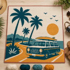 May include: Crocheted square featuring a beach scene with palm trees, a vintage van with a surfboard, and a setting sun. The design uses shades of teal, yellow, and cream, with a brown border. The overall theme is a coastal vacation.
