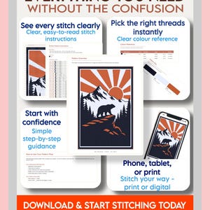 May include: A digital cross-stitch pattern guide featuring a bear on a mountain landscape with a sunburst. The document includes text: EVERYTHING YOU NEED WITHOUT THE CONFUSION, stitch instructions, color references, and a mobile device display.