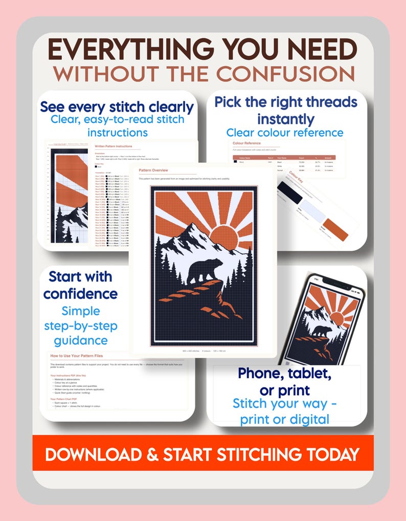 May include: A digital cross-stitch pattern guide featuring a bear on a mountain landscape with a sunburst. The document includes text: EVERYTHING YOU NEED WITHOUT THE CONFUSION, stitch instructions, color references, and a mobile device display.