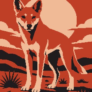 May include: A pixel art illustration featuring a dingo standing in a desert landscape. The color palette consists of shades of orange, cream, and black. A large, pale circular sun sits behind the dingo, with stylized clouds and desert shrubs.