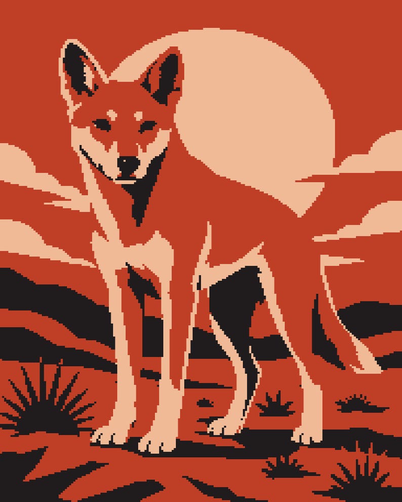 May include: A pixel art illustration featuring a dingo standing in a desert landscape. The color palette consists of shades of orange, cream, and black. A large, pale circular sun sits behind the dingo, with stylized clouds and desert shrubs.