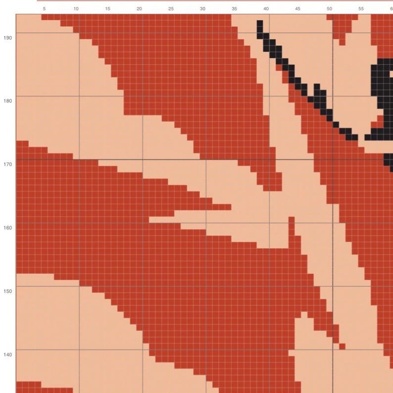 May include: A digital cross-stitch pattern chart featuring a grid layout with numbered axes. The design displays abstract shapes in shades of terracotta red and light peach, accented by small black pixelated segments on a light background.