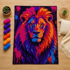 May include: A rectangular crochet blanket featuring a vibrant, multi-colored lion portrait in shades of neon pink, orange, blue, and purple against a dark background. The design includes paint-splatter effects and a detailed lion face.