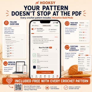 May include: A smartphone screen displaying the Hooksy crochet pattern interface with interactive build mode, row tracking, progress bars, and stitch instructions. The display shows row 19 of 288, color legends, and device compatibility icons for mobile and desktop.