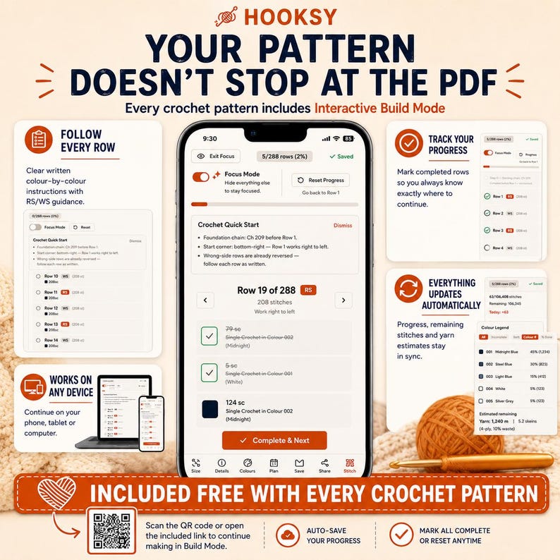 May include: A smartphone screen displaying the Hooksy crochet pattern interface with interactive build mode, row tracking, progress bars, and stitch instructions. The display shows row 19 of 288, color legends, and device compatibility icons for mobile and desktop.