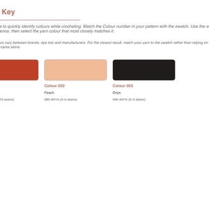 May include: A color key guide for crocheting featuring three rectangular swatches in paprika, peach, and onyx. Each swatch includes a color number, name, and yarn length in meters ranging from 446 to 1970m, with skein counts of 3 to 10 skeins.