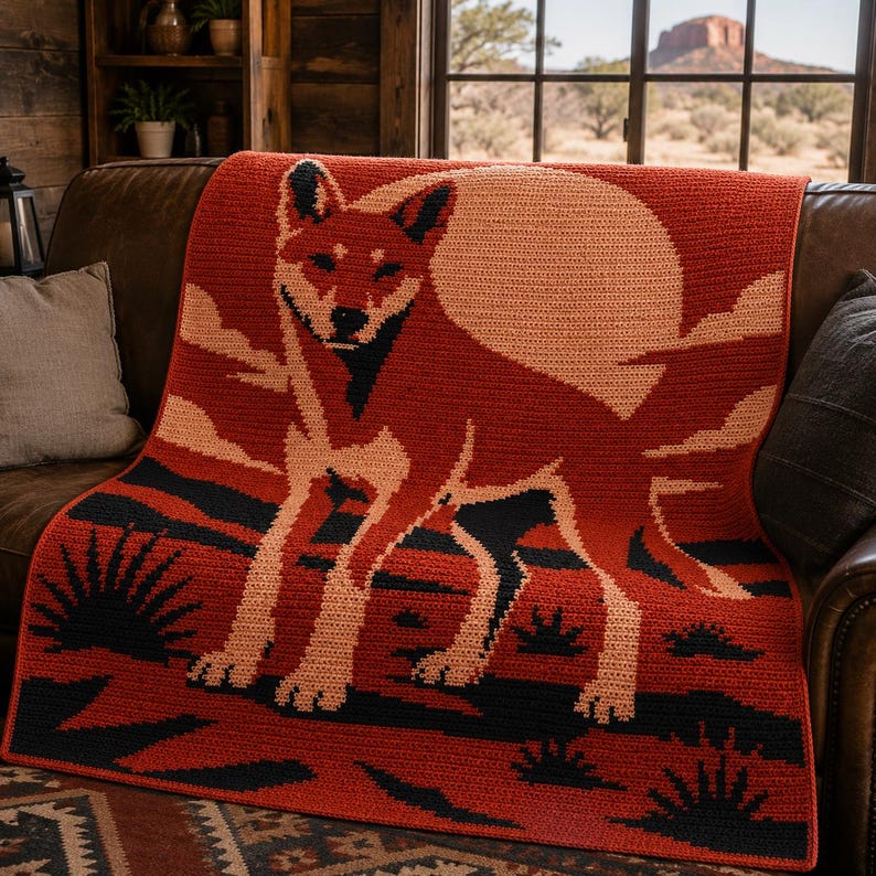 May include: A rectangular crochet blanket featuring a large, stylized fox standing in a desert landscape. The design uses a color palette of deep red, black, and light cream, depicting the fox against a large circular moon and desert flora.