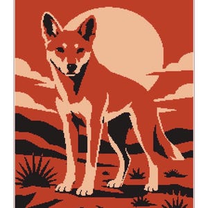 May include: A cross-stitch pattern overview featuring a dingo standing in a desert landscape with a large sun in the background. The design uses a palette of orange, cream, and black, with text stating 192 stitches by 270 rows and 120 by 150 cm.