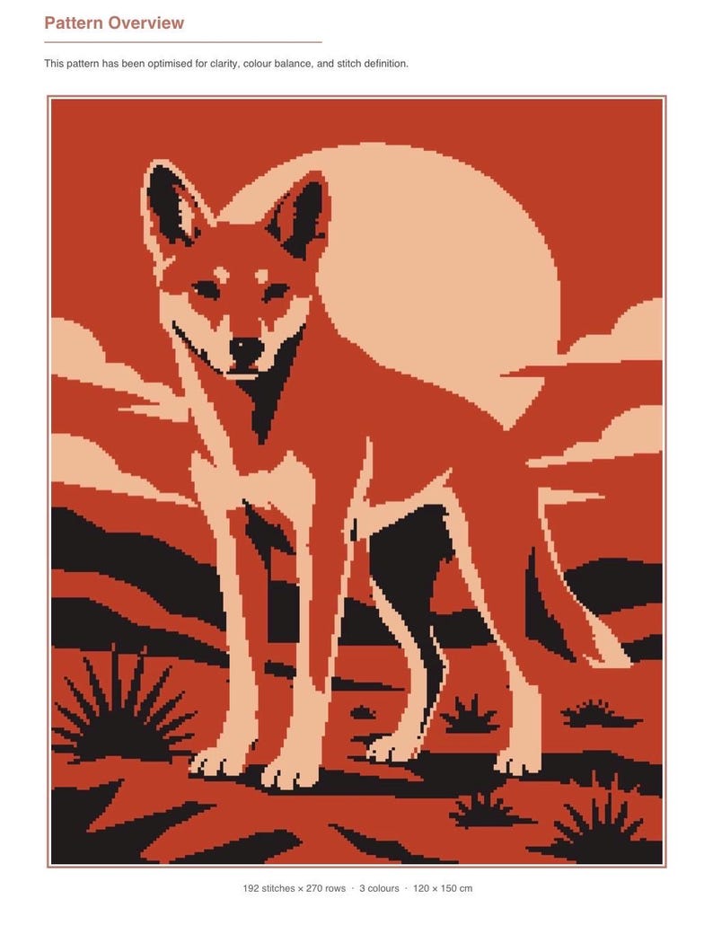 May include: A cross-stitch pattern overview featuring a dingo standing in a desert landscape with a large sun in the background. The design uses a palette of orange, cream, and black, with text stating 192 stitches by 270 rows and 120 by 150 cm.