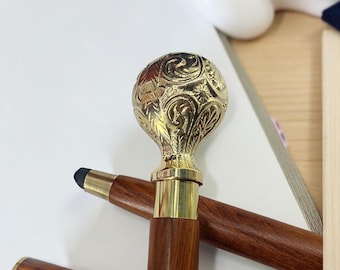 Engraved Brass Handle Walking Cane, Polished Hardwood Shaft, Victorian Gentleman Accessory