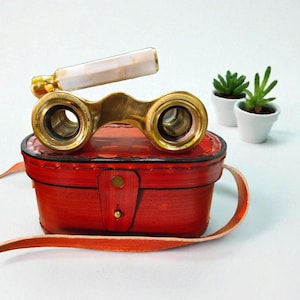 Vintage Mother of Pearl Opera Glasses – Brass Binoculars with Handle & Wooden Box – Antique Theater Glasses – Nautical Gift for Collectors