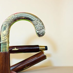 Vintage Antique Brass Handle Walking Stick – Folding Rosewood Cane – Victorian Gentleman’s Walking Accessory / Gift For Dad & Grandpa