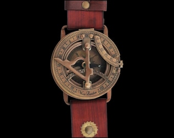 Handmade Brass Sundial Compass Watch | Vintage Leather Strap Timepiece