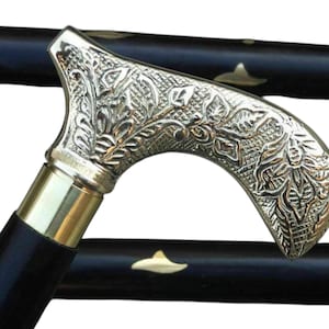 Vintage Brass Handle Walking Stick – Carved Floral Grip Cane – Wooden Gentleman&#39;s Cane – Victorian Style Mobility Aid Gift for Men