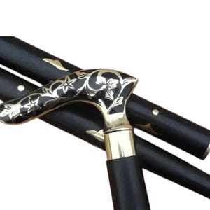 Vintage Elegant Curved Brass Handle Walking Stick – Foldable Wooden Cane – Antique Floral Design – Stylish Hardwood Cane in All Sizes
