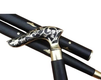 Vintage Floral Brass Handle Walking Cane – Foldable Hardwood Stick