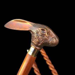 Vintage Rabbit Head Brass Walking Cane – Hand Carved Wooden Stick – Animal Handle Victorian Style /Costume Prop Cane / Unique Walking Stick.