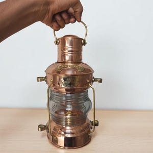 Vintage Copper & Brass Nautical Lantern – 14 Inch Maritime Oil Lamp – Ship Light Home Decor – Coastal Nautical Gift/ Gift for pirate.