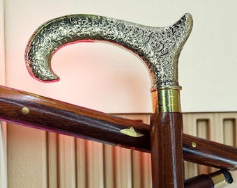 Vintage Engraved Brass Handle Walking Stick | Wooden Shaft Gentleman Cane
