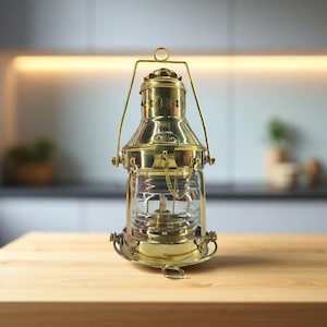 Old Vintage Brass Nautical Lantern – Maritime Ship Oil Lamp with Glass Fresnel Lens – Decorative Antique Style Light / Home Decor /Gift Item