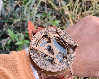 Vintage Brass Sundial Compass Watch | Handmade Leather Strap Timepiece