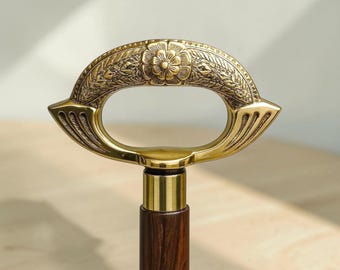 Vintage Brass Floral Handle Walking Cane, Wooden D-Grip Walking Stick, Antique Style Accessory