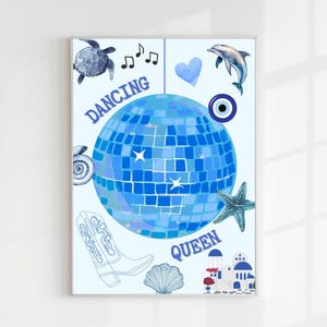 Póster imprimible de Mamma Mia: arte bohemio para pared en tonos azules / Descarga instantánea / Arte digital para la decoración del hogar / Imprimible estético de verano