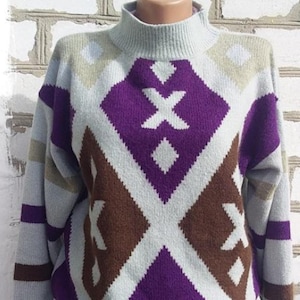 Vintage Gray & Purple Geometric Pattern Turtleneck Sweater Size M