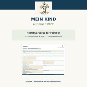Peut inclure: Un formulaire numérique d'informations d'urgence pour enfants intitulé MEIN KIND auf einen Blick, avec un logo d'arbre, des sections pour les détails personnels, les données médicales et les contacts d'urgence, dans une mise en page claire.