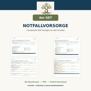 May include: A set of four emergency preparedness PDF templates in A4 landscape format. The documents feature a tree logo with the letter S, titled NOTFALLVORSORGE, and include sections for emergency contacts, medical data, and important documents.