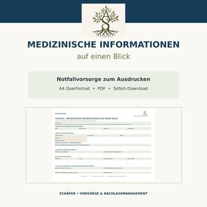 Może przedstawiać: Cyfrowy szablon formularza informacji medycznych z logo drzewa u góry. Dokument zawiera sekcje dotyczące kontaktów alarmowych, schorzeń, alergii, leków i implantów, z widocznym tekstem MEDIZINISCHE INFORMATIONEN na arkuszu.